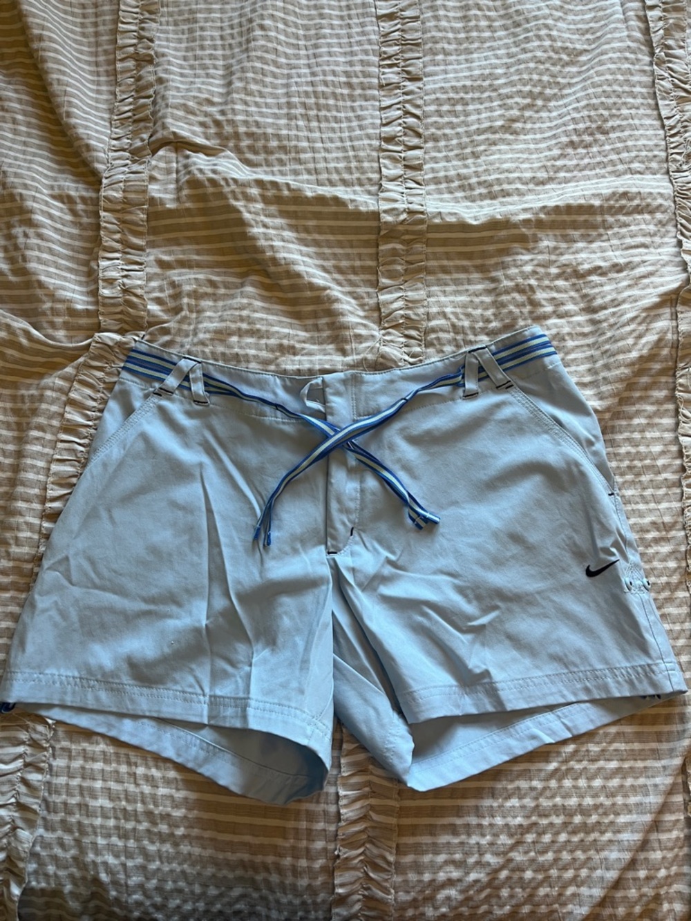 Nike Light Blue Athletic Drawstring Shorts with Navy Trim